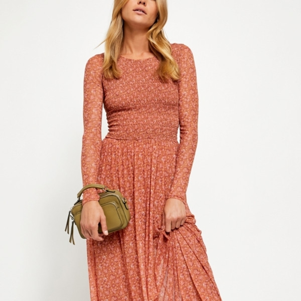 Free People Hello Goodbye Ditsy Floral Print Smocked Bodice Mesh Dress, Sz M